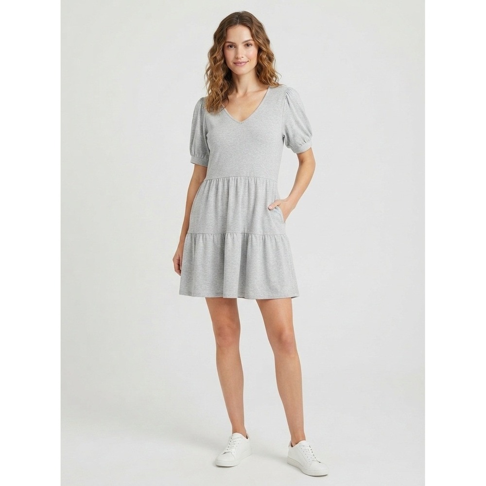 Saks Fifth Avenue Tiered Knit Dress Puff Sleeve V-Neck Heather Gray Large
